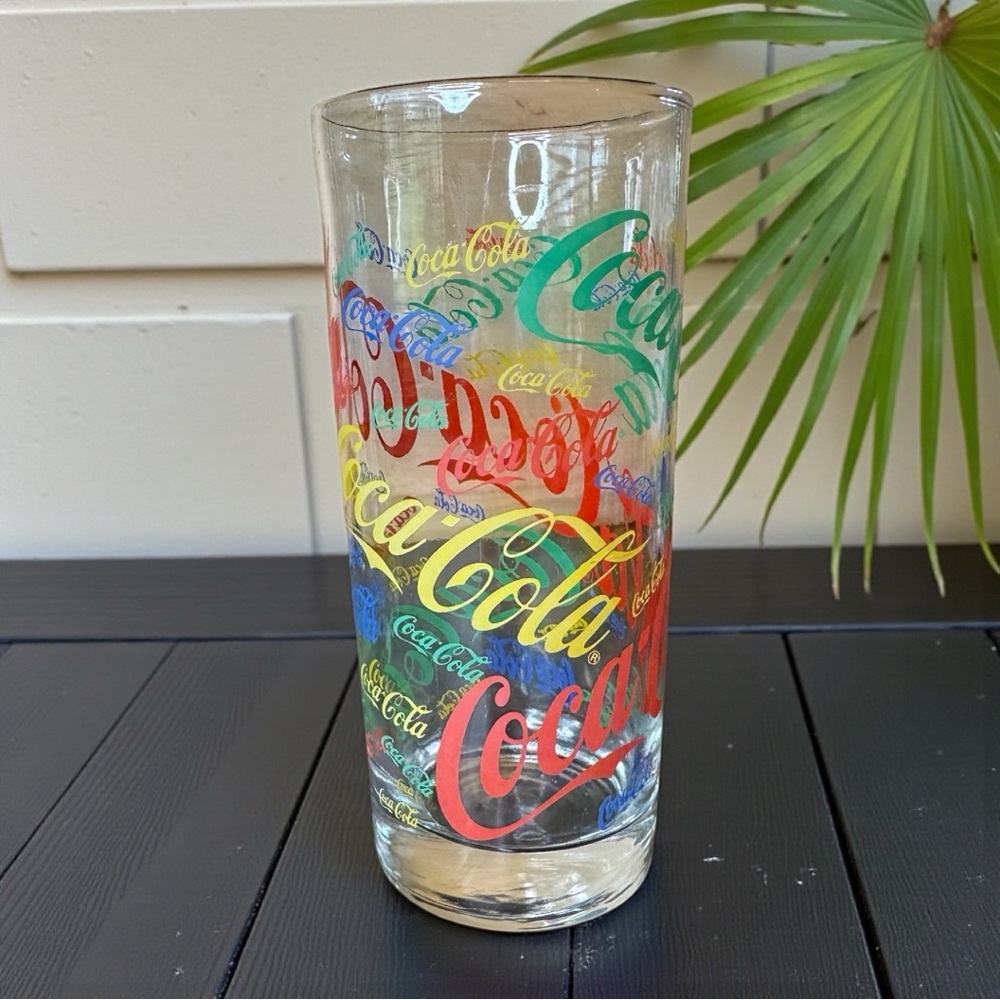 VINTAGE Coca-Cola Rainbow Logo Tall Glass – Multicolor Script Print